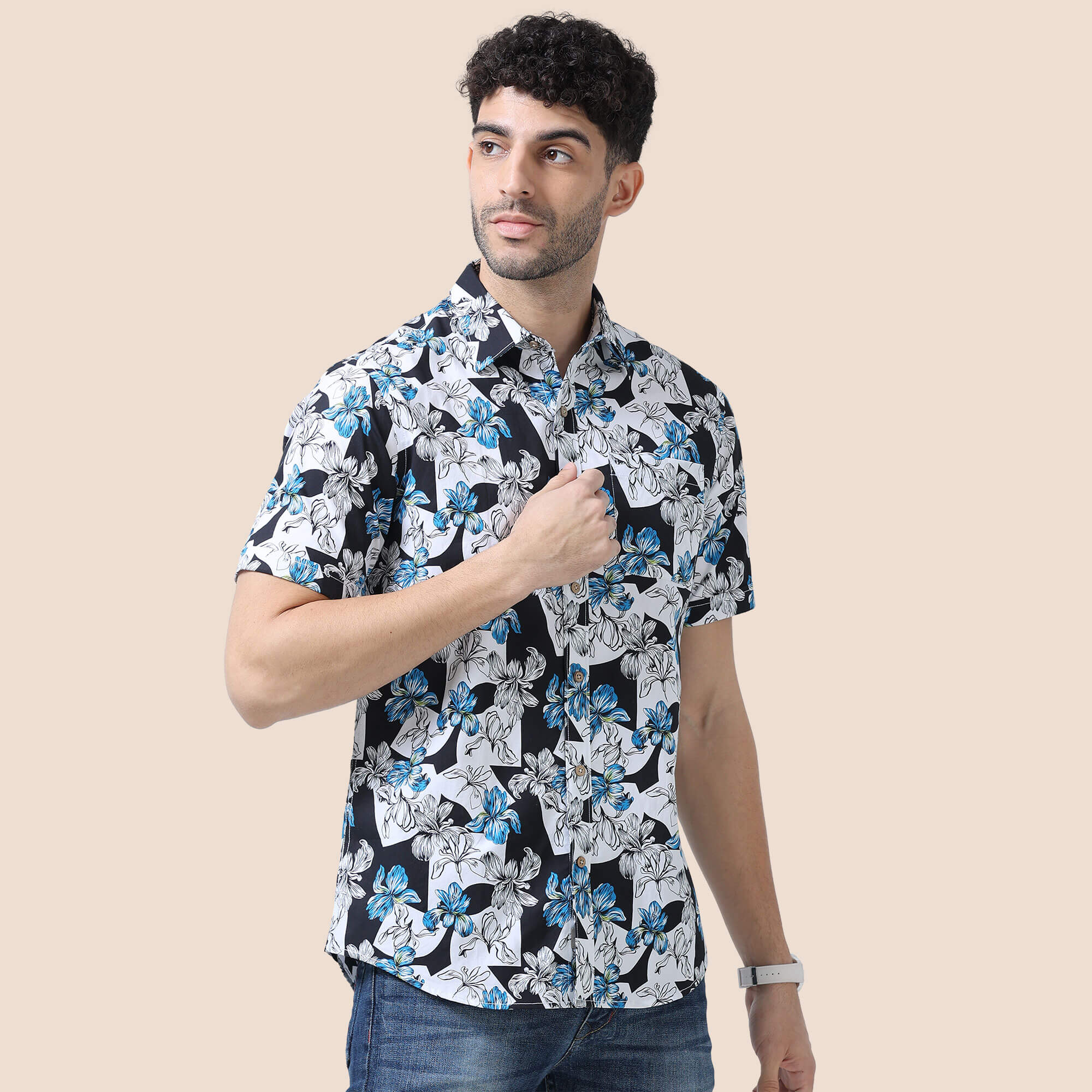 Ashley Cotton Half Sleeves Shirt In Black/ Blue Floral Print - Image 3