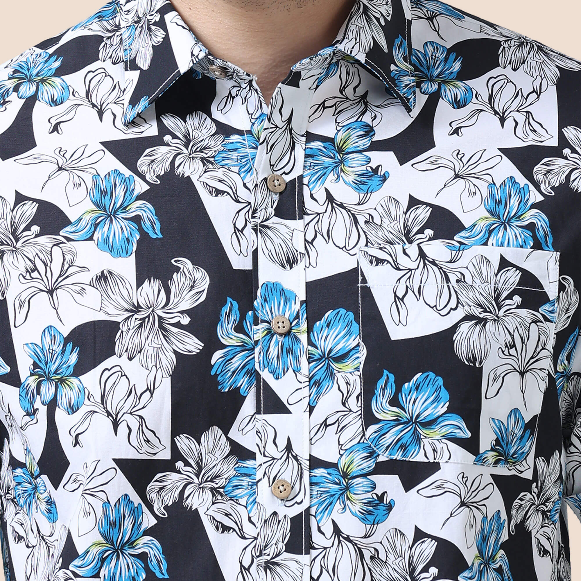 Ashley Cotton Half Sleeves Shirt In Black/ Blue Floral Print - Image 4