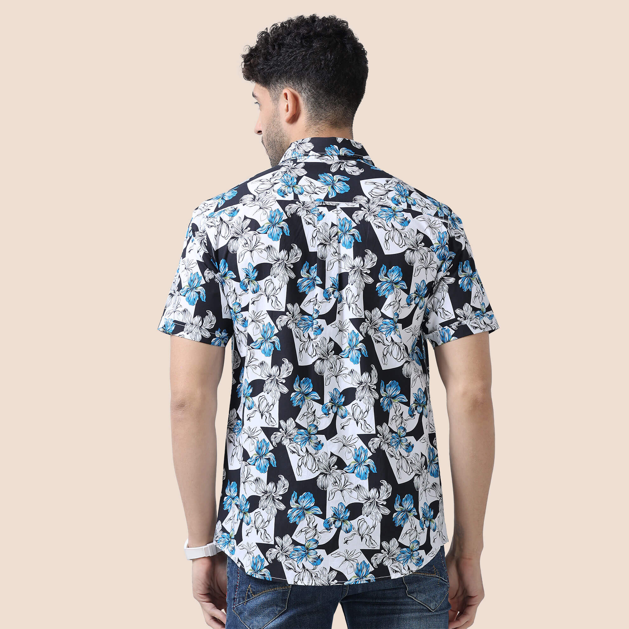 Ashley Cotton Half Sleeves Shirt In Black/ Blue Floral Print - Image 5