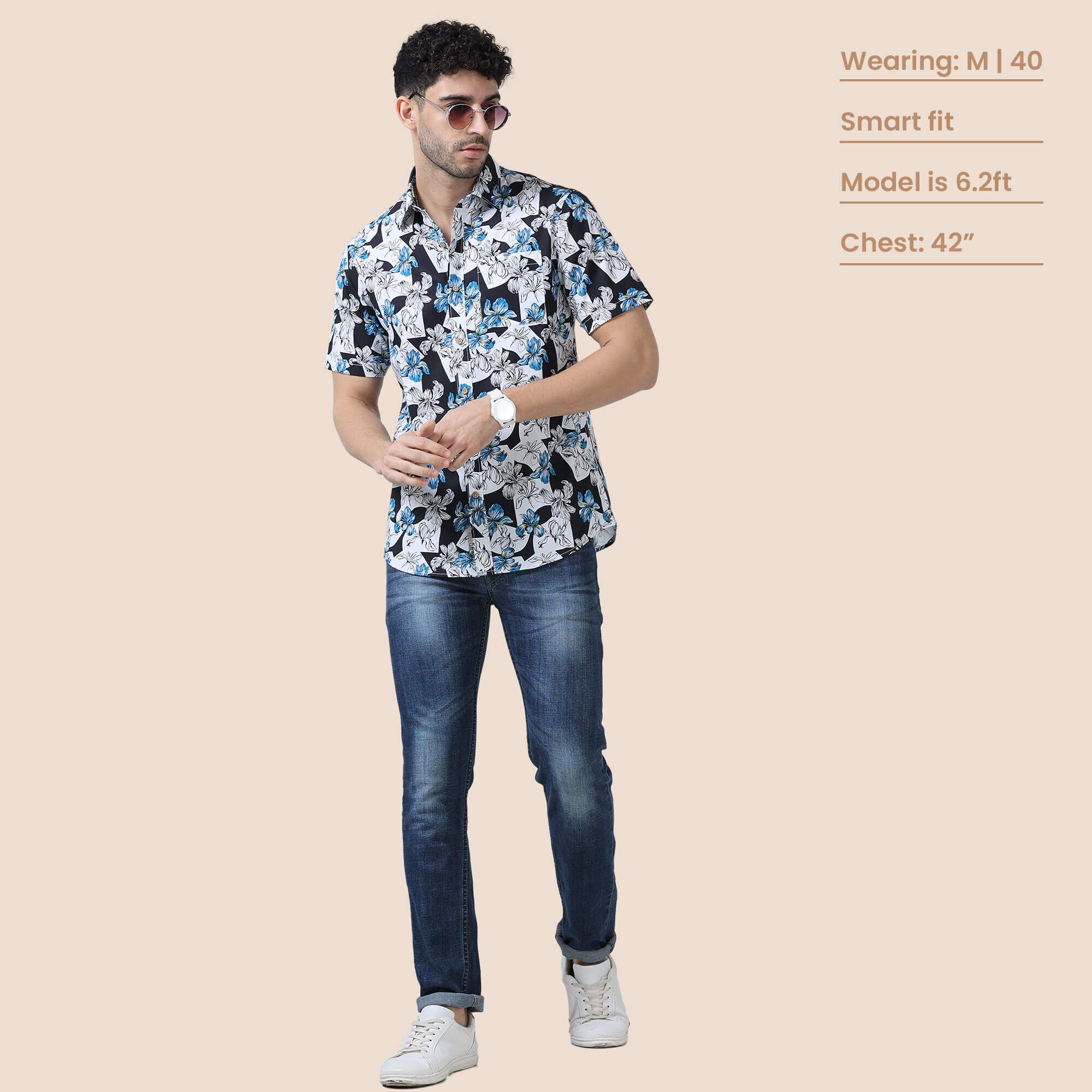 Ashley Cotton Half Sleeves Shirt In Black/ Blue Floral Print - Image 6