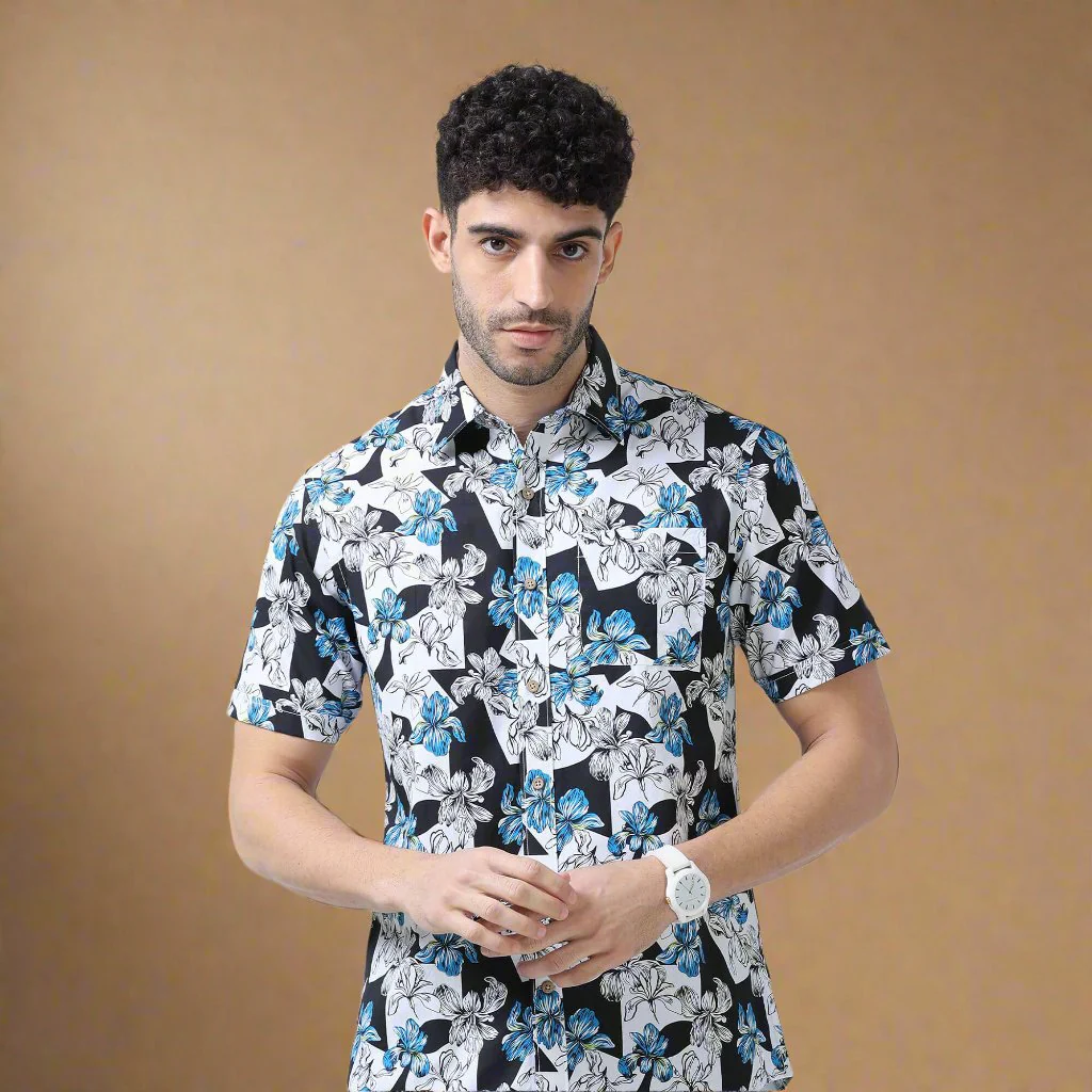 Ashley Cotton Half Sleeves Shirt In Black/ Blue Floral Print - Image 7